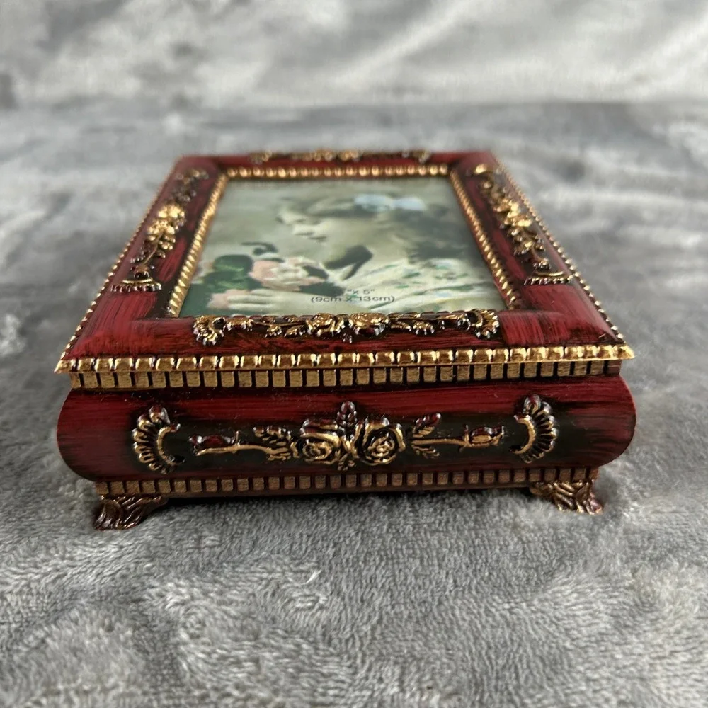 Vintage Style Red Gold Floral Jewelry Box Picture Frame Lid Keepsake Trinket Box